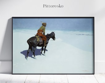 Frederic Remington Friends or Foes Digital Wall Art, American West Print, Blackfoot Scout in Winter Landscape, Cool Tones Painting