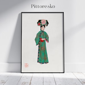 Digital Chinese Watercolor Wall Art Woman in Manchu Costume, Vintage Chinese Lady Portrait Poster, Chic Asian Print, Chinoiserie Home Decor