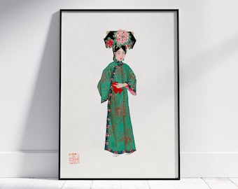 Digital Chinese Watercolor Wall Art Woman in Manchu Costume, Vintage Chinese Lady Portrait Poster, Chic Asian Print, Chinoiserie Home Decor