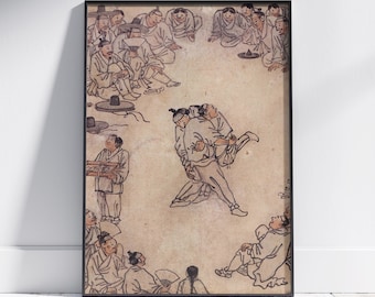 Antique Korean Folk Art Ssireum Wrestling Print, Traditional Korean Genre Painting of the Joseon Dynasty, Vintage Sport Asian Decor Download