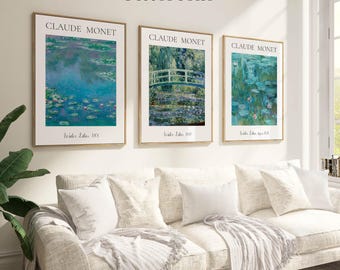 3 Claude Monet Water Lilies Digital Posters: Impressionist Wall Art Download, Prints of Famous Paintings