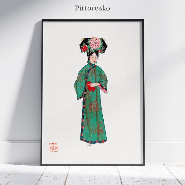 Chinese Watercolor Wall Art Woman in Manchu Costume, Vintage Chinese Green Poster, Asian Art Print Ethnic Chic, Chinoiserie Art, DOWNLOAD