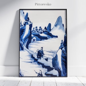 Chinoiserie Blue Vase Wall Art, Detail of a Chinese Qing Vase with Landscape and Mountains, Vintage Grandmillennial Art, DOWNLOAD