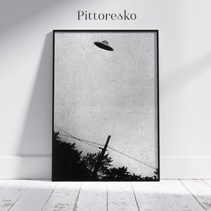 May include: Black and white photograph of a flying saucer in the sky above a power line and trees. The image is framed in a black frame.
