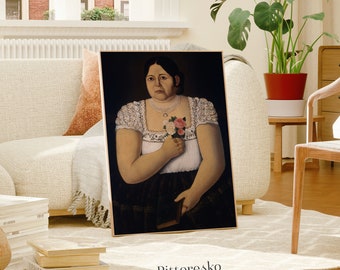 Mexican Dark Academia Art Prints Vintage Mexico Wall Decor Painting, Portrait of a Native Puebla Woman with a Bouquet of Roses, Download