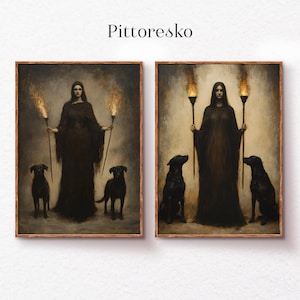 Hecate Set of 2 Digital Prints with Black Dogs and Torches, Dark Gothic Wall Art of Greek Goddess of Witchcraft and Magic