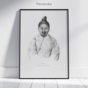 Traditional Korean Art Print Pencil Portrait of Man with Hanbok and Asian Man Bun, Original Korean Wall Art from Joseon Period, DOWNLOAD