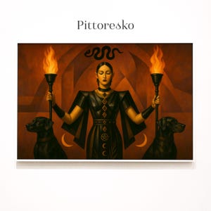 May include: A framed art print featuring a woman in a black dress holding two torches with flames. Two black dogs flank her. The artwork has a warm color palette with the word "Pittoresko" at the top.