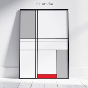 Può includere: Stampa d'arte geometrica astratta con cornice nera. La stampa presenta uno sfondo bianco con linee nere che creano rettangoli e quadrati. Un rettangolo rosso si trova nella parte inferiore della stampa.