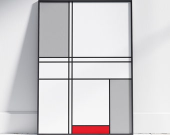 May include: Abstract geometric art print with a black frame. The print features a white background with black lines creating rectangles and squares. A red rectangle is at the bottom of the print.