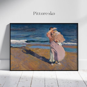 Joaquin Sorolla Mom and Child on the Beach Digital Large Wall Art, Spanish Print with Mediterranean Style