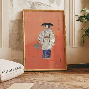 Digital Japanese Print of a No Theatre Actor on Red Background by Kōgyo Tsukioka, Printable Poster for Japandi Home Decor, Vintage Wall Art