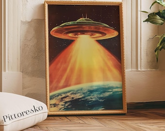 Retro UFO Digital Poster, Vintage Sci-Fi Alien Spaceship Print, Printable 80s Flying Saucer Wall Art for Space and Ufology Fans