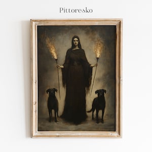 The Greek Goddess Hecate with Two Black Dogs and Torches Digital Wall Art, Hecate Triple Goddess Printable Poster, Gift for Pagan and Wiccan