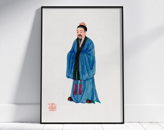 Qing Dynasty Chinese Noble Digital Print in Blue Tones, Ancient China Wall Art for Traditional Asian Decor