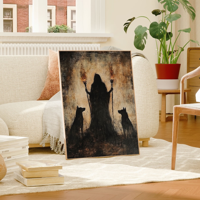 Digital Poster Hecate Greek Goddess With Two Black Dogs And Torches digital-poster-hecate-greek-goddess-with-two-black-dogs-and-torches