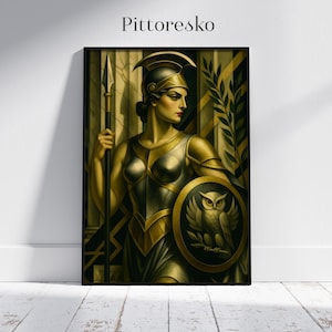 Athena Greek Goddess of Wisdom, War and Arts – Digital Art Deco Print, Ancient Mythology Wall Art, Minerva Art Nouveau Poster, Pagan Gift