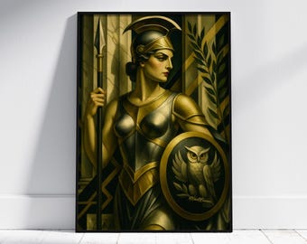 Athena Greek Goddess of Wisdom, War and Arts – Digital Art Deco Print, Ancient Mythology Wall Art, Minerva Art Nouveau Poster, Pagan Gift