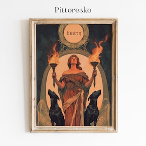 Peut inclure: Une illustration vintage d'une femme tenant deux torches, entourée de flammes. Elle porte une longue robe fluide et une couronne. Le texte "Ekatη" est écrit au-dessus de sa tête. Deux chiens noirs sont à ses pieds.