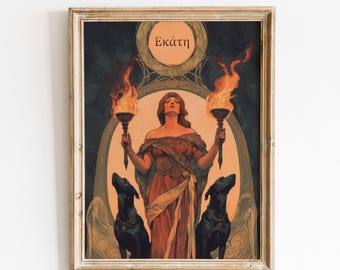 Hecate with Black Dogs and Torches Digital Print, Alphonse Mucha Style Hekate Portrait, Art Nouveau Greek Goddess Wall Art, Wicca Pagan Gift
