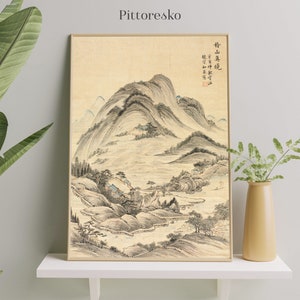 Korean Wall Art Traditional Landscape with Mountains and River Stream, Vintage Korean Poster, Korean Art Print, Korean Wall Decor, DOWNLOAD