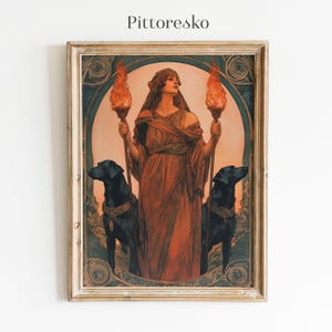 May include: A vintage art print featuring a woman in a flowing red robe holding two torches. She is flanked by two black dogs. The print is framed in a light wood frame.