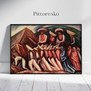 Könnte beinhalten: Gerahmtes Gemälde mit dem Wort "Pittoresko" oben. Das Kunstwerk zeigt eine Gruppe von Menschen in traditioneller Kleidung, einige auf Pferden, mit einem bergigen Hintergrund. Die Farbpalette umfasst Rot-, Braun- und Blautöne.