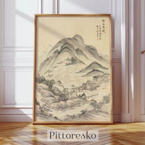 Korean Wall Art Traditional Landscape with Mountains and River Stream, Vintage Korean Poster, Korean Art Print, Korean Wall Decor, DOWNLOAD