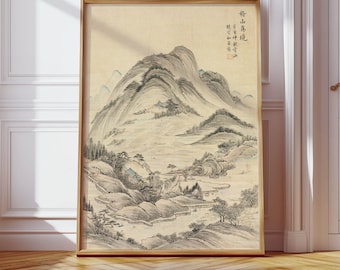 Korean Wall Art Traditional Landscape with Mountains and River Stream, Vintage Korean Poster, Korean Art Print, Korean Wall Decor, DOWNLOAD