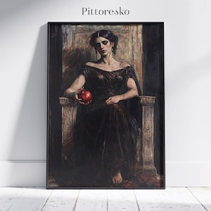 May include: A painting of a woman in a black dress sitting on a throne, holding a red pomegranate. The background is dark and the woman's expression is serious.