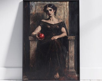 May include: A painting of a woman in a black dress sitting on a throne, holding a red pomegranate. The background is dark and the woman's expression is serious.