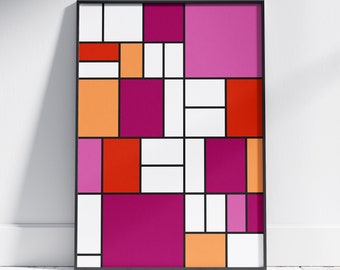 May include: Abstract geometric art print with a black frame. The print features a grid of squares in white, pink, orange, and red.