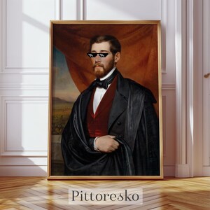 Digital Print Funny European Noble with Thug Life Glasses, Meme-Style Wall Art, Glitchcore Poster, Maximalist and Dark Academia Gift