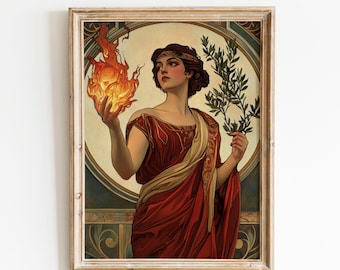 Hestia Greek Goddess of Home and Hearth with Chaste-Tree and Sacred Fire Digital Print, Vesta Roman Divine Priestess Wall Art, Pagan Gift