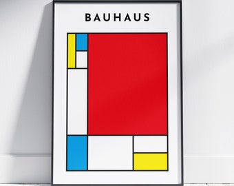 May include: A black and white print with the word "BAUHAUS" in bold black letters at the top. The print features a geometric design with squares in red, yellow, and blue.