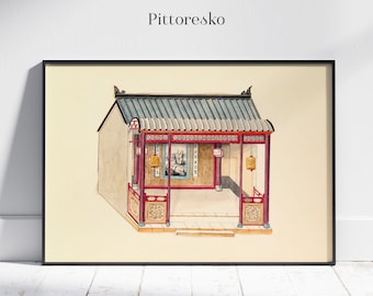 May include: A watercolor illustration of a traditional Chinese house with a red roof, a wooden porch, and a decorative wooden fence. The house has a light blue roof and a light beige exterior. The illustration is framed in black.