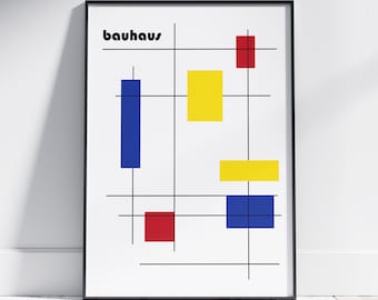May include: A black and white geometric print with the word "bauhaus" in black text. The print features a grid with red, yellow, and blue squares.