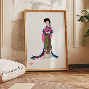 Digital Painting - Dynasty Qing Colorful Lady Costume, Vintage Chinese Print, Antique Asian Home Decor, Chinoiserie Wall Art Gift for Her