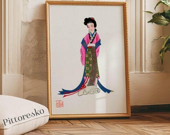 Digital Painting - Dynasty Qing Colorful Lady Costume, Vintage Chinese Print, Antique Asian Home Decor, Chinoiserie Wall Art Gift for Her
