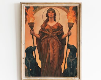 May include: A framed painting of a woman in a flowing red robe holding two torches. She is surrounded by a golden halo and two black dogs.