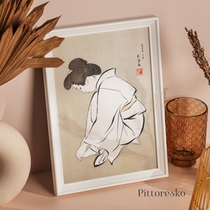 Japanese Minimalist Woman Portrait Japandi Wall Art, Beige and White Wabi Sabi Japanese Art Print, Vintage Japanese Geisha Art, DOWNLOAD