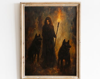 May include: A painting of a woman in a dark robe holding a torch, standing between two black wolves in a dark forest setting.