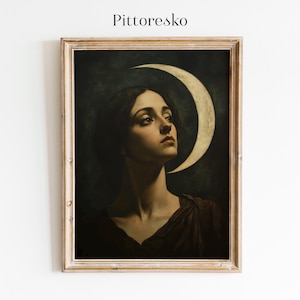 May include: A painting of a woman with dark hair and a crescent moon behind her. She is wearing a dark brown dress and looking up at the moon. The painting is in a wooden frame.