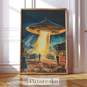 Roswell Alien Encounter Digital Poster, 1950s UFO Wall Art Print, Vintage Sci-Fi Decor, Flying Saucer Scene, Gift for Ufology Lovers