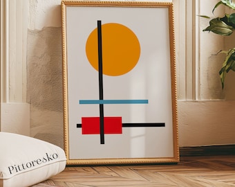 May include: A framed abstract art print featuring a yellow circle, red rectangle, black lines, and a blue line on a white background.