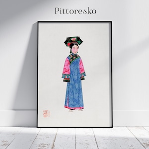 Chinese Digital Print Noblewoman in Traditional Dress of the Qing Dynasty, Vintage Asian Wall Art for Minimalist Decor, Chinoiserie Gift