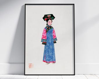 Chinese Digital Print Noblewoman in Traditional Dress of the Qing Dynasty, Vintage Asian Wall Art for Minimalist Decor, Chinoiserie Gift
