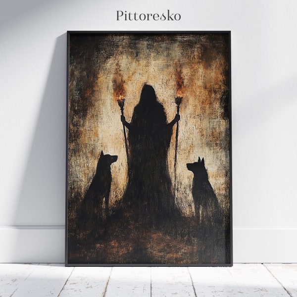 Digital Poster Hecate Greek Goddess with Two Black Dogs and Torches, Ancient Religion Priestess Wall Art, Mythology Print, Pagan Witch Gift