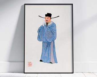 Chinese Digital Print Portrait of a Man with Qing Dynasty Robe, Traditional Asian Wall Art, Oriental Home Decor Gift, Vintage China Painting