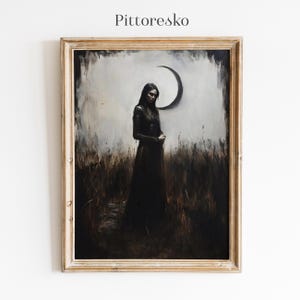 Gothic Moon Goddess Digital Print, Artemis Priestess of Crescent Moon Printable Wall Art, Greek Myth Poster Selene Lunar Queen, Hecate Gift